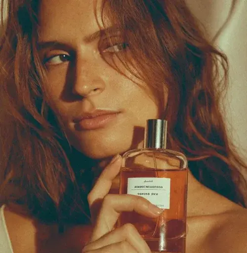 Mulher ruiva segurando um frasco de perfume