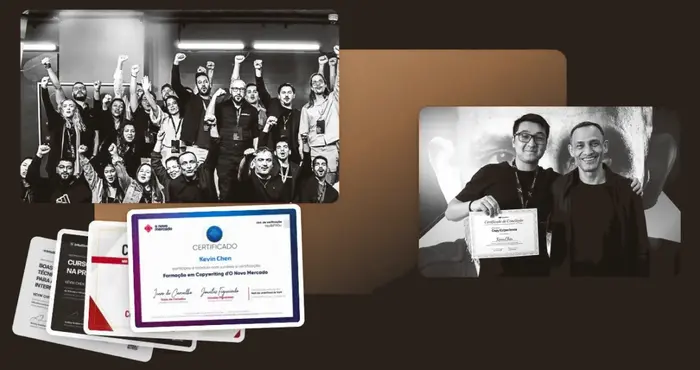 Fotos de Kevin Chen em eventos de copywriting e certificados de cursos