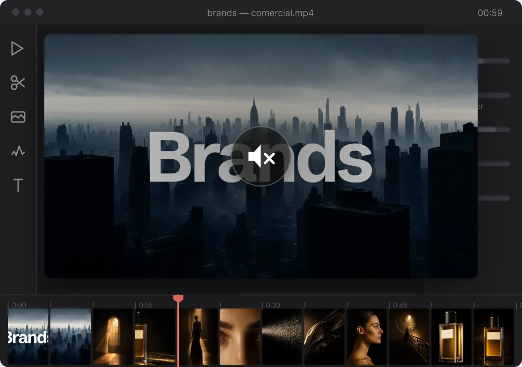 Editor de vídeo com player e linha do tempo de um comercial
